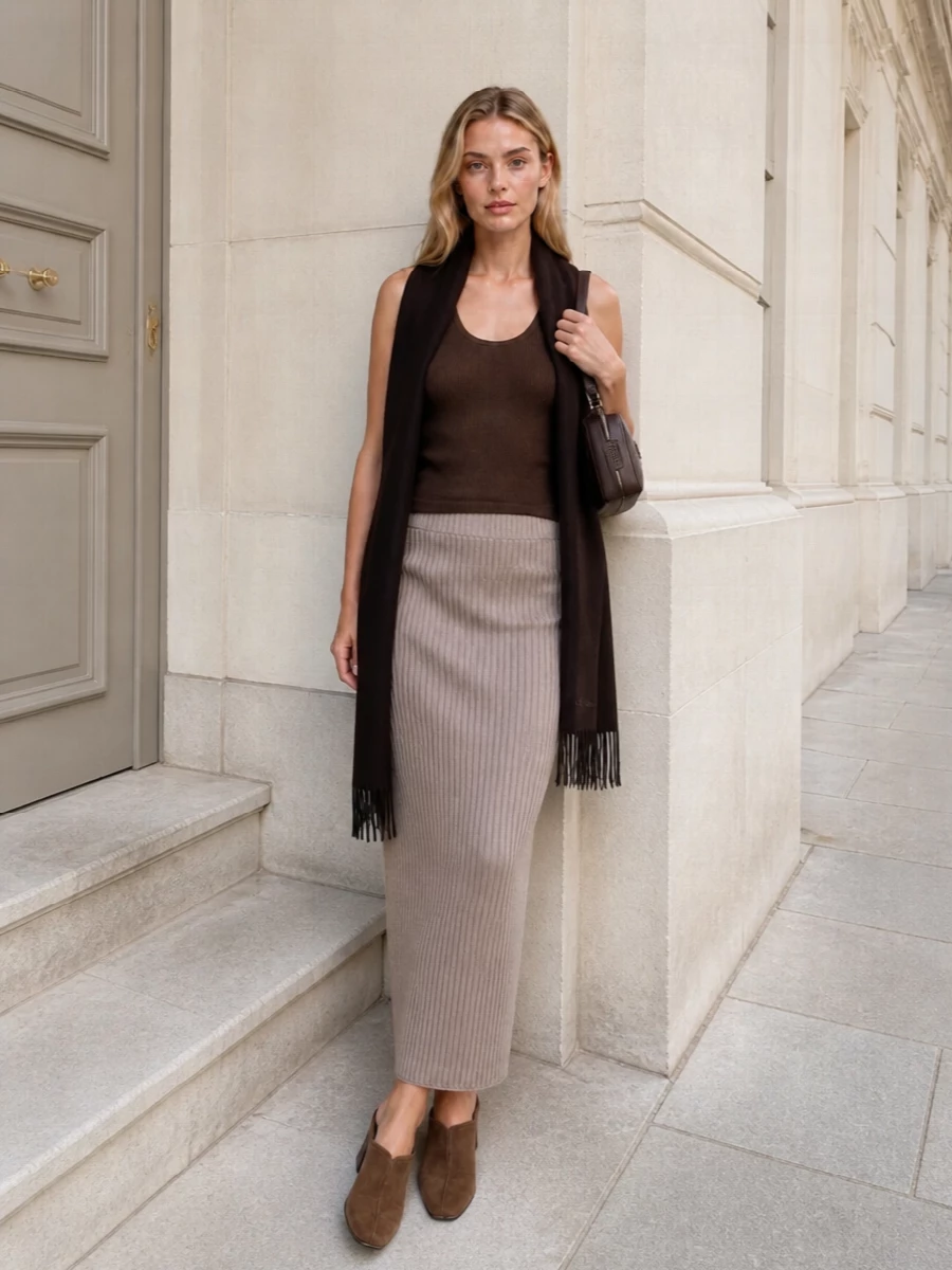 Max mara ribbed tank taupe knit midi skirt
