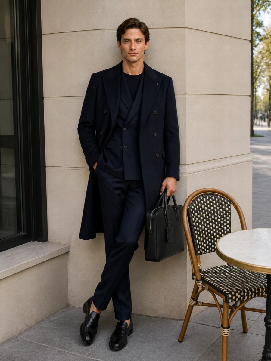 Tagliatore navy coat tom ford trousers outfit