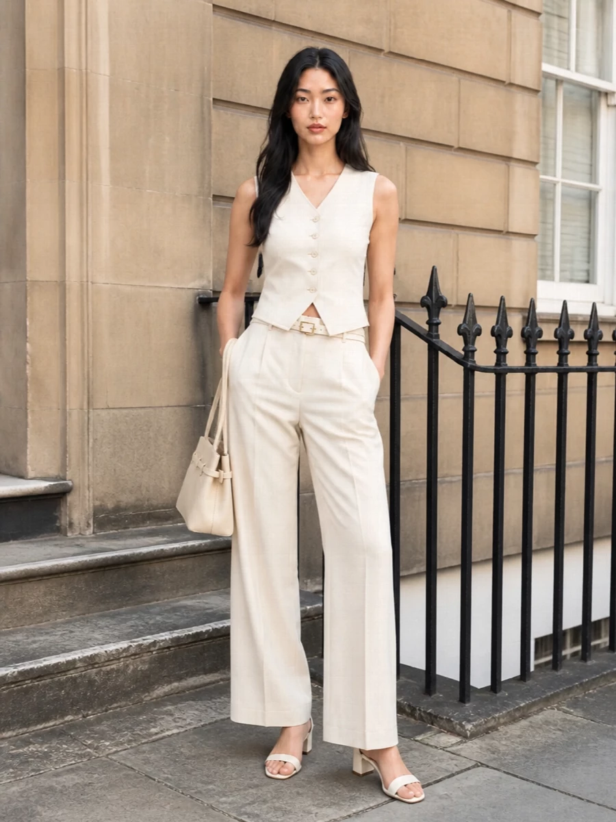 Max mara wide leg trousers ivory waistcoat outfit