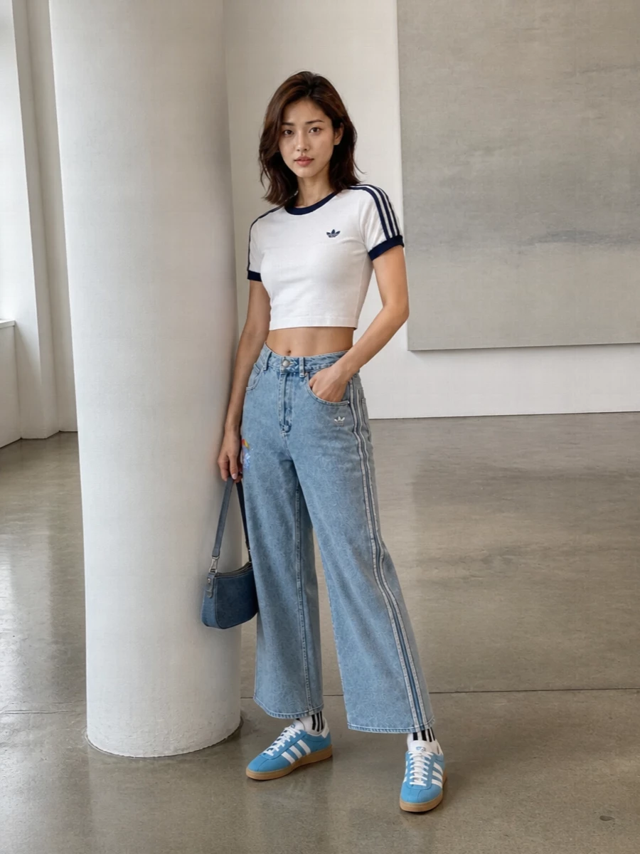 Light-wash wide-leg Adidas denim meets a cropped heritage tee for a clean, stripe-on-stripe sport story in soft blues and white. Sky-blue suede sneakers and striped socks keep the proportions playful and grounded, while the compact Diesel denim bag adds a subtle Y2K twist without breaking the casual streetwear mood.