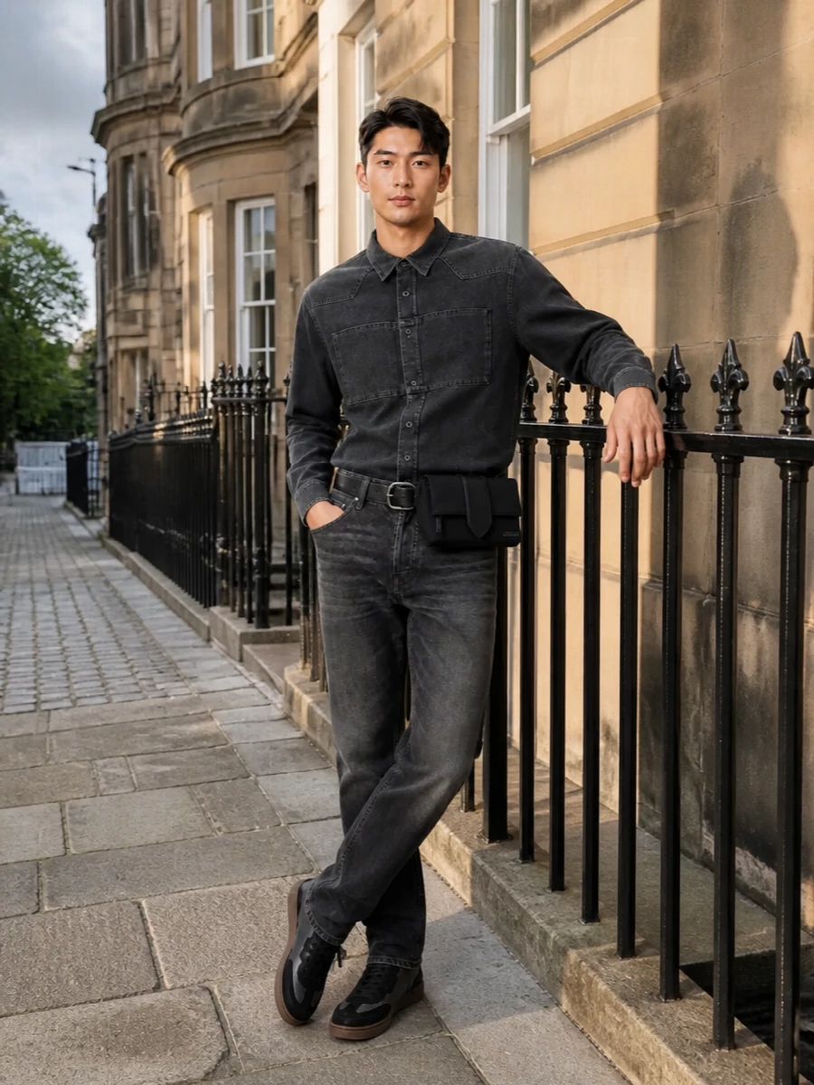 Mm6 denim shirt haikure charcoal jeans outfit