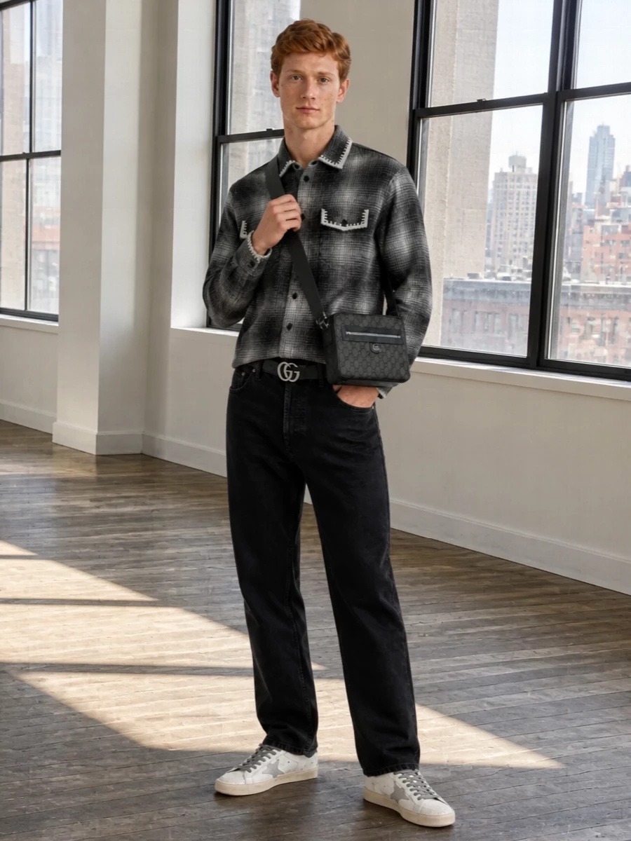 Golden goose western shirt black jeans gucci bag