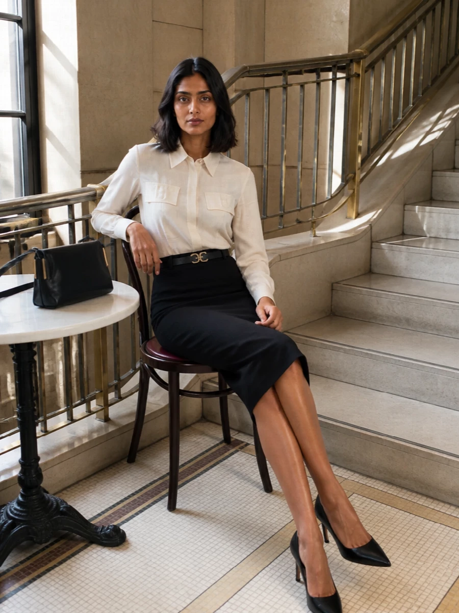 Elisabetta franchi pencil skirt ivory shirt outfit