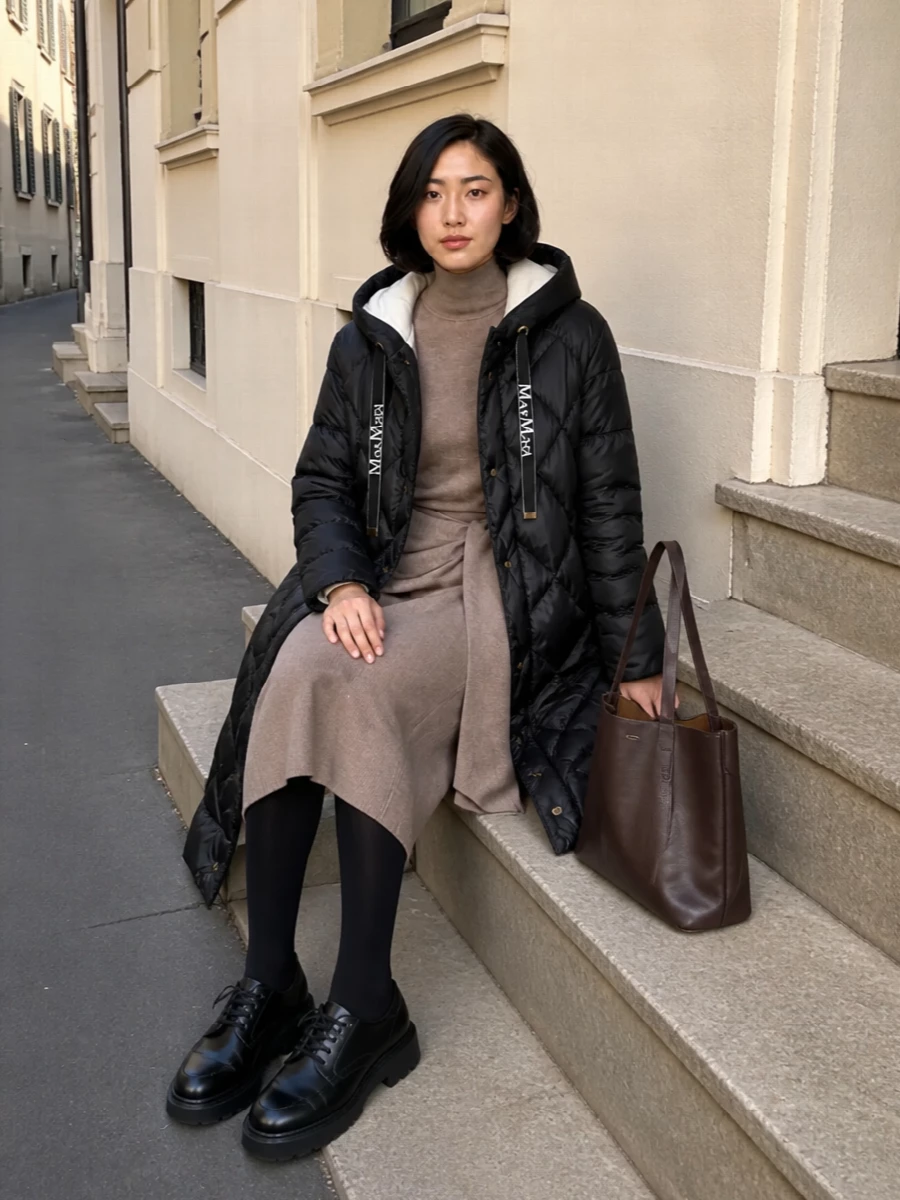 Anchored by the long black quilted parka, this pairing leans into a clean winter column: a taupe knit wrap dress, grounded with solid black derbies and a chocolate bucket bag. Choosing the dress route keeps the lines uninterrupted under the coat, for a quietly urban, desk-to-dinner ensemble that feels cocooned but intentional rather than sporty. The result is all about subtle texture and depth in neutrals, with just enough structure at the waist and on the shoe to keep the silhouette sharp.