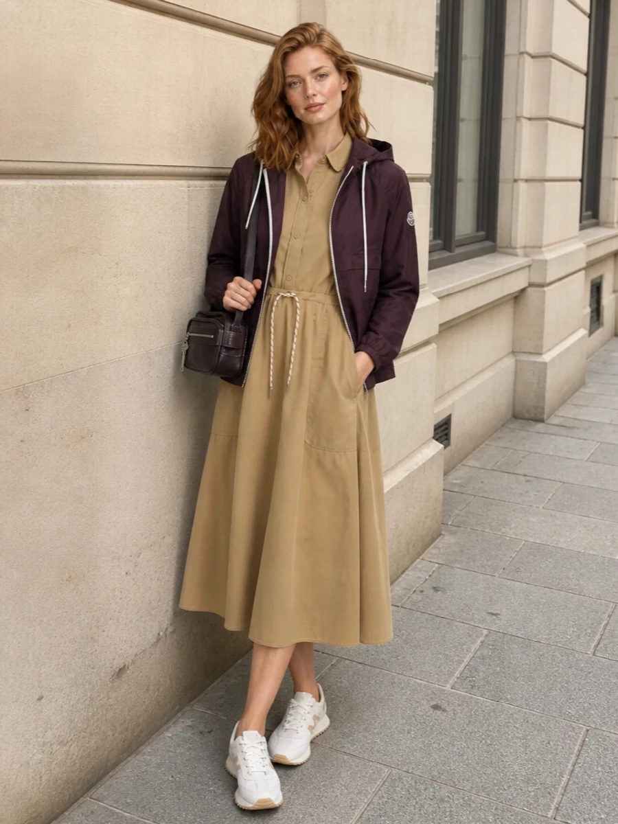 Moncler parka camel shirt dress outfit