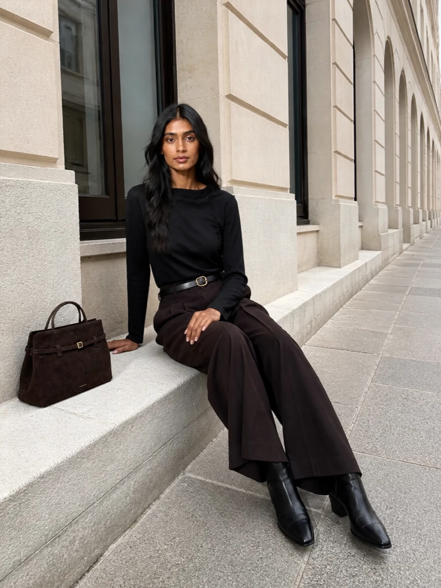 Alysi brown wide leg trousers black blouse outfit