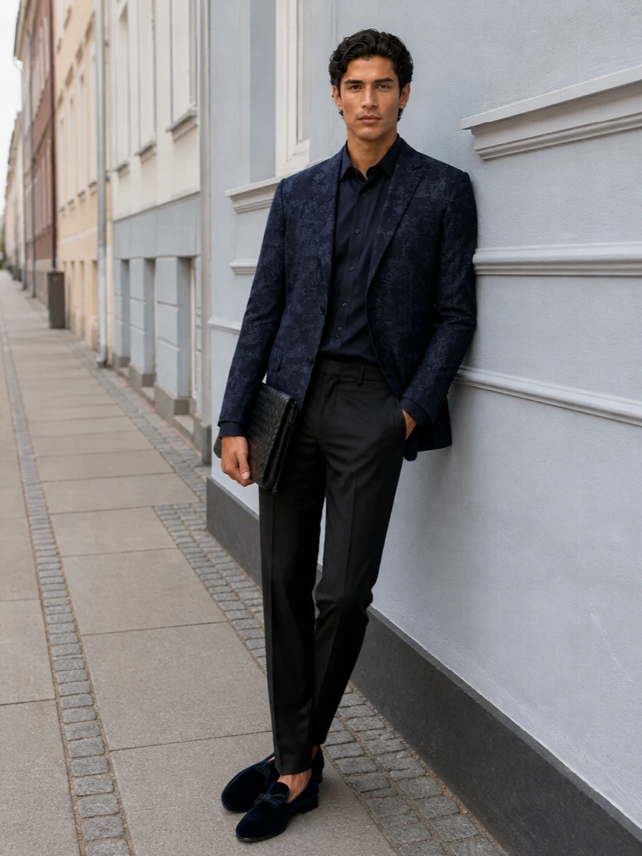 Etro navy blazer black trousers loafers
