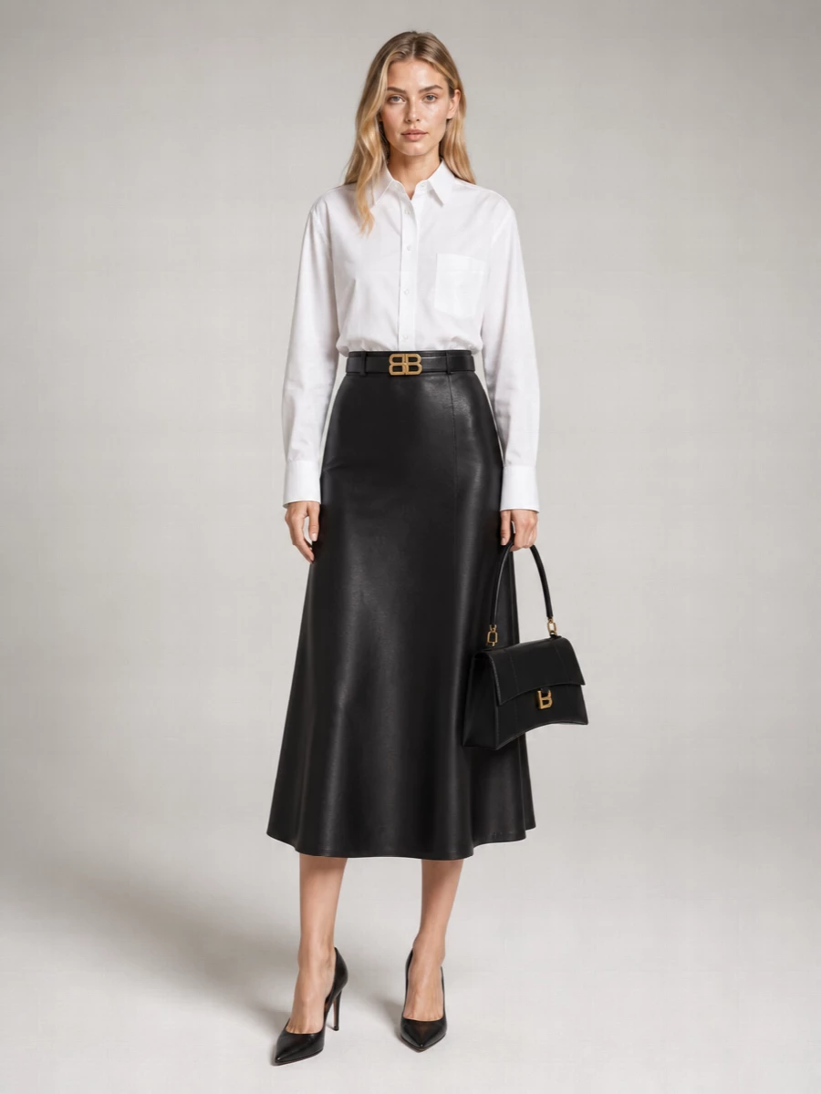 Balenciaga Leather High-Rise Midi A-Line Skirt