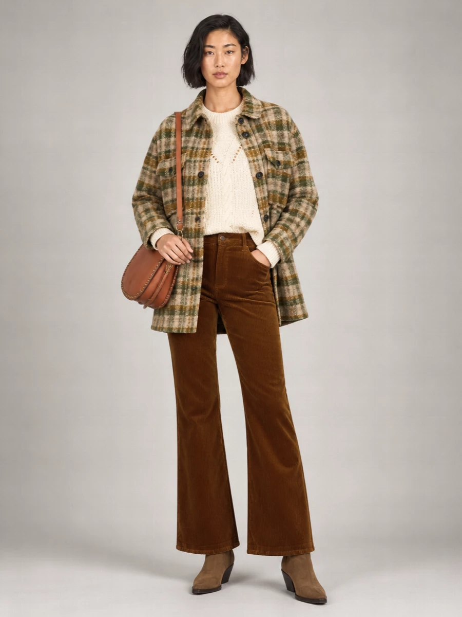 I anchored this around separates rather than a dress so the shirt-coat can work as the hero outer layer with proper winter texture play. The cream cable-knit, caramel cord flares and taupe Western boots sit in the same earthy register as the checked coat, keeping everything soft, leg-lengthening and bohemian while the cognac saddle bag ties the warm tones together. The result feels like relaxed Parisian off-duty with a subtle Western twist that is still fully day-appropriate.