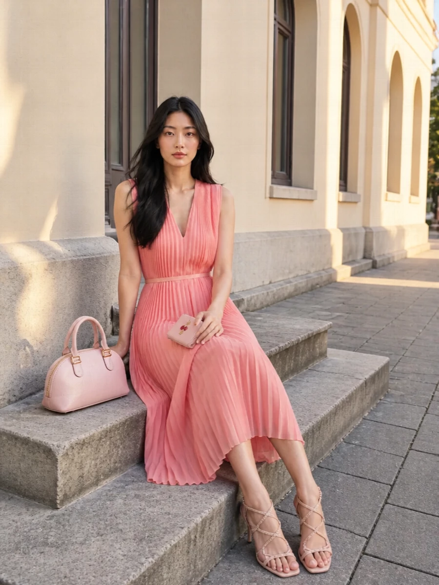 This reads as a soft, romantic cocktail ensemble where blush tones move from the Valentino wallet through the pleated midi to the sculpted bag and sandals. I chose the dress path over separates to maintain an unbroken, fluid column of colour that feels more quietly luxurious and occasion-ready than a top-and-skirt combination. The result is polished but not precious, ideal for garden parties, terrace dinners or any summer event where you want the cherries on the wallet to be the sweetest hint of playfulness in an otherwise composed outfit.