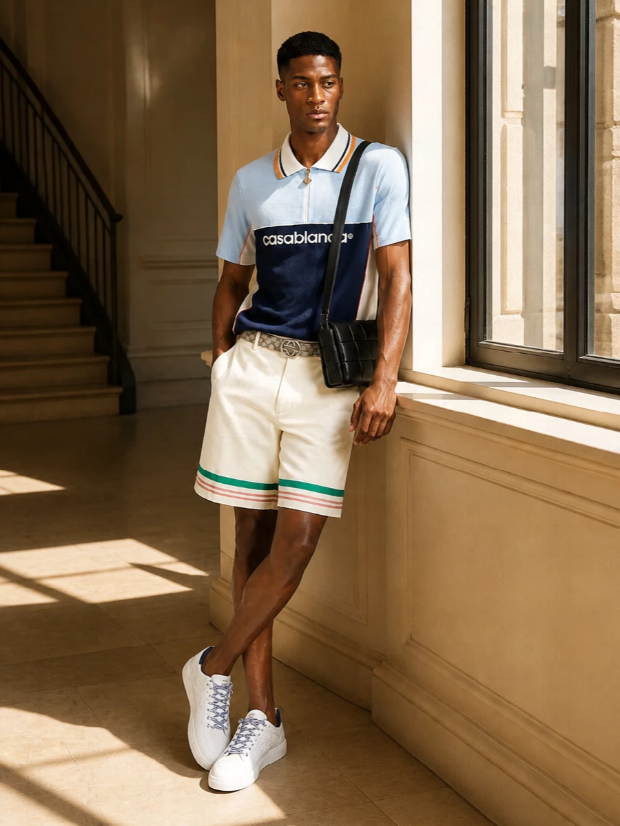 This look leans into Casablanca’s tennis-preppy energy with the color-block polo grounded by refined ivory deck shorts that keep the silhouette clean and easy. Minimal white-and-navy sneakers and a structured black intrecciato crossbody maintain a luxe, sporty feel, while the understated monogram belt adds just enough graphic detail without stealing focus from the statement top. It’s a polished off-duty outfit that moves effortlessly from city terraces to resort boardwalks in FW climates.
