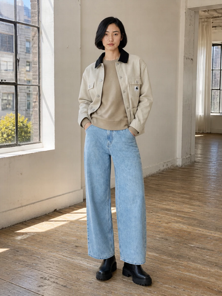 Carhartt chore jacket wide leg jeans outfit