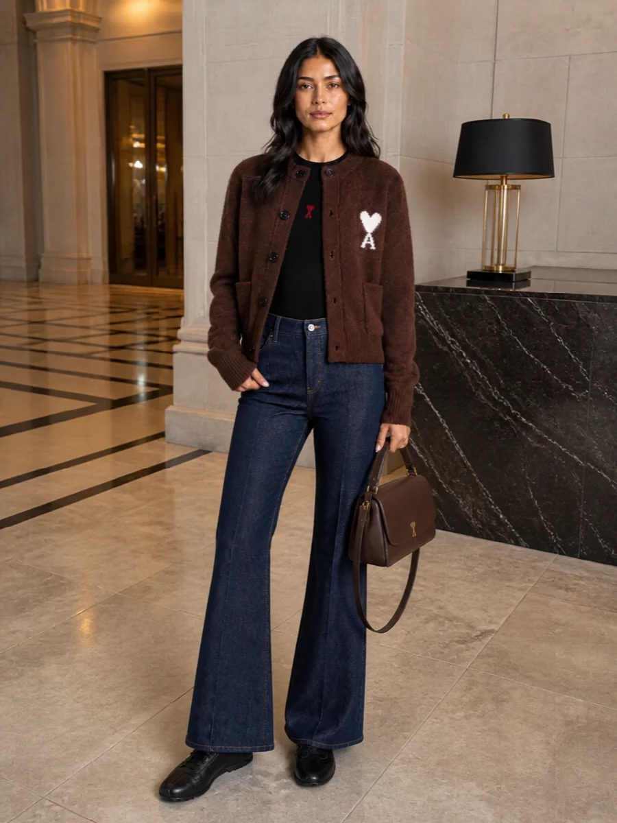 I am building this around the cardigan plus top and bottom rather than any dress, as the source piece wants that easy Parisian knit and denim energy. The black knit, dark flared denim and all‑black sneakers sit in the same minimalist, preppy tier as the chestnut cardigan, while the chocolate shoulder bag pulls the browns together so the heart logos feel intentional, not shouty. It is an off‑duty city uniform that still reads considered from coffee runs to casual dinners.