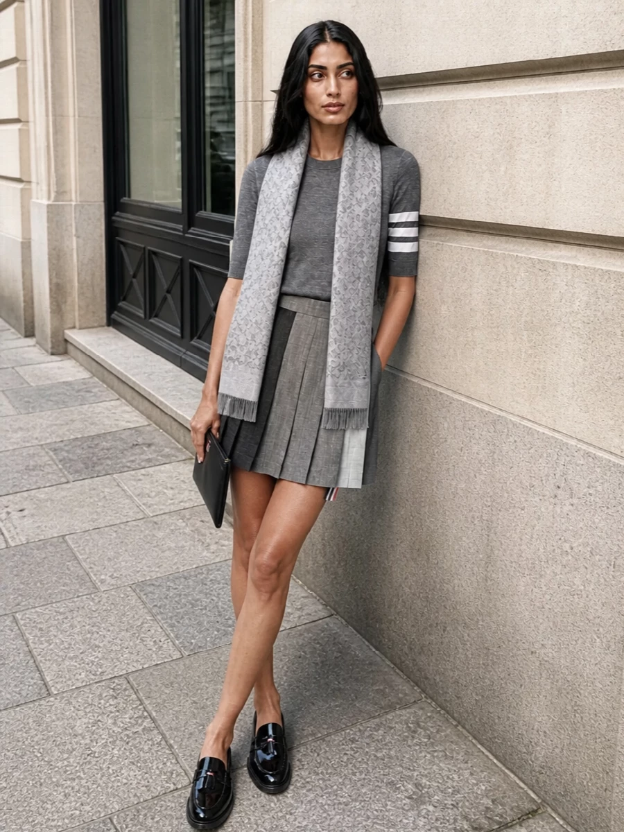 Thom browne charcoal knit pleated mini outfit