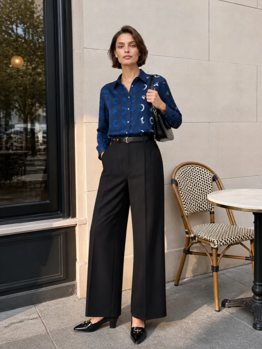 Celine navy shirt black wide leg trousers