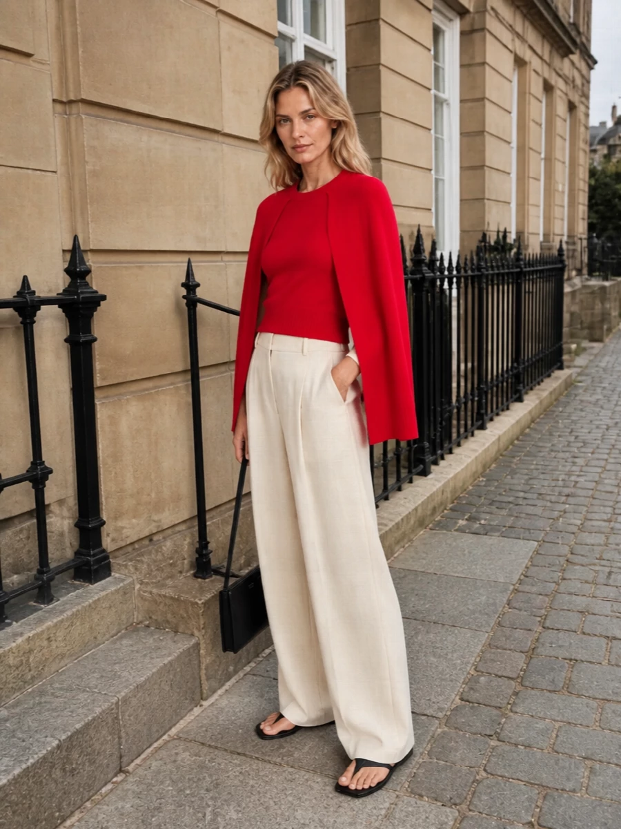 Scarlet Totême knit and buttercream tailoring keep the focus on strong color and clean lines, reading modern and composed rather than loud. The long, pleated trouser lengthens the silhouette under the cape effect, while pared-back black accessories add just enough definition. It is an easy city uniform when you want impact from one graphic piece and everything else quietly edited around it.