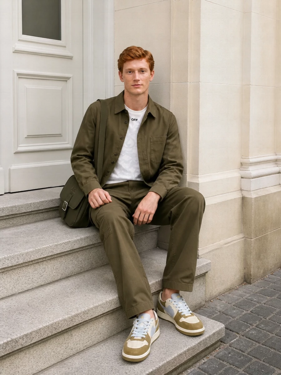 Off white olive shirt jacket outfit cargos
