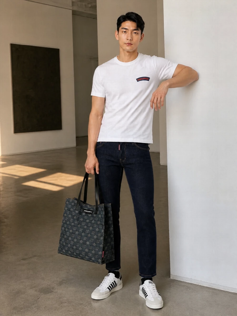 Dsquared2 white tee dark indigo jeans outfit