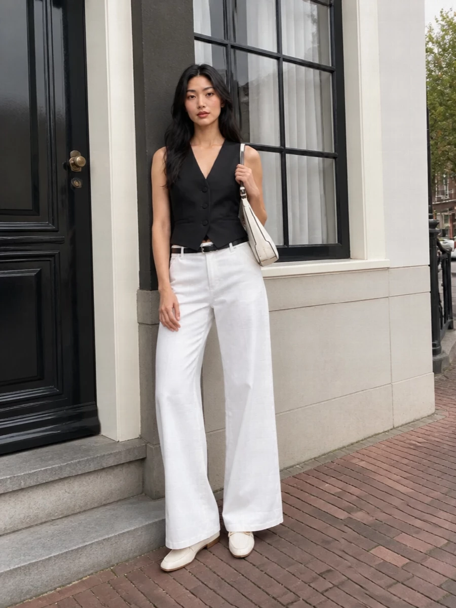 Dondup white wide leg trousers black waistcoat