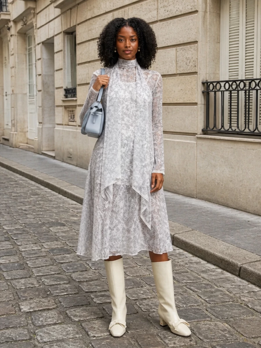 Acne paisley dress valentino ivory boots