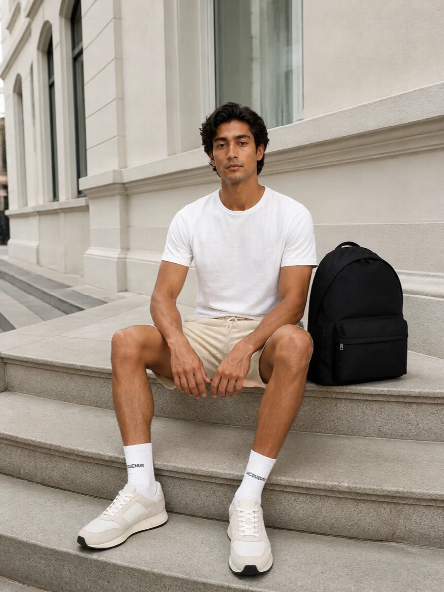 Hugo white tee boss sand shorts outfit