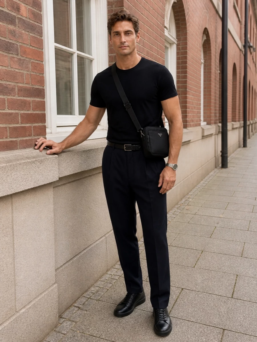 Herno black tee navy trousers prada bag