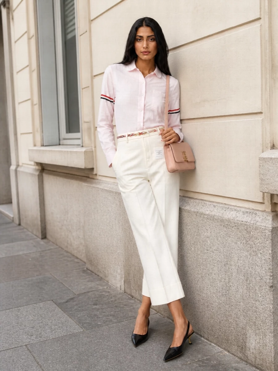 This look leans into Thom Browne’s quiet-luxury uniform: the blush longline shirt is grounded by crisp off-white high-rise cropped trousers for a clean, elongated silhouette. A pointed black slingback and blush-tinged structured bag keep the mood polished yet soft, while the tricolour chain belt subtly reinforces the house’s signature codes. It’s a modern, preppy SS office ensemble that feels disciplined but not severe.