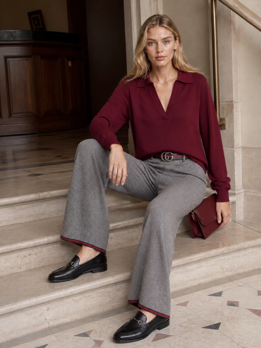 Heather-grey wide-leg knits meet a deep burgundy collar for a quiet, collegiate mood that feels considered but unfussy. Black loafers keep the line sharp at the ground, while a slim burgundy bag and reversible belt pull the red accents into a cohesive, city-ready set. The result is polished loungewear energy that works for travel, casual office days, and low-key dinners alike.