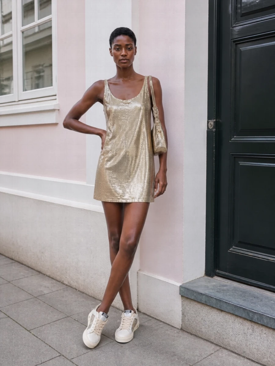 This is a party-first spin on sequins, grounding a liquid-gold mini with creamy glittered Golden Goose sneakers instead of heels. The sneakers’ beige and taupe tones echo the dress and keep the shine feeling playful, while the metallic gold shoulder bag ties the whole palette together for easy, late-night city energy. I chose the dress route over separates to let the sequins read as one strong statement, with the sneakers and bag as attitude pieces rather than competing layers.