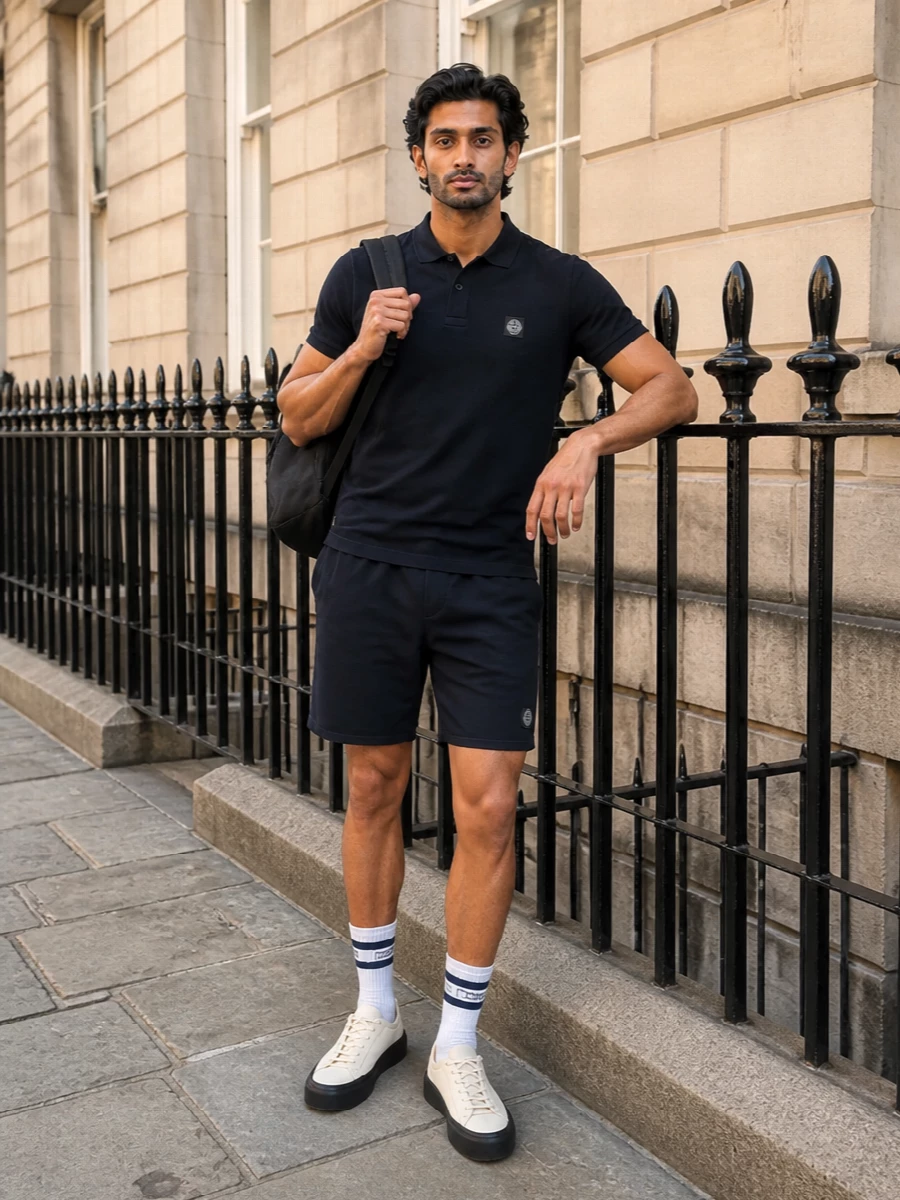 Head-to-toe Stone Island navy keeps this outfit clean, technical and quietly graphic, with the polo and deck shorts reading sharp yet easy. Soft neutral sneakers and a structured black backpack break up the monochrome just enough, keeping the mood modern and city-ready. Ribbed striped socks add a subtle sport accent without disturbing the pared-back palette.