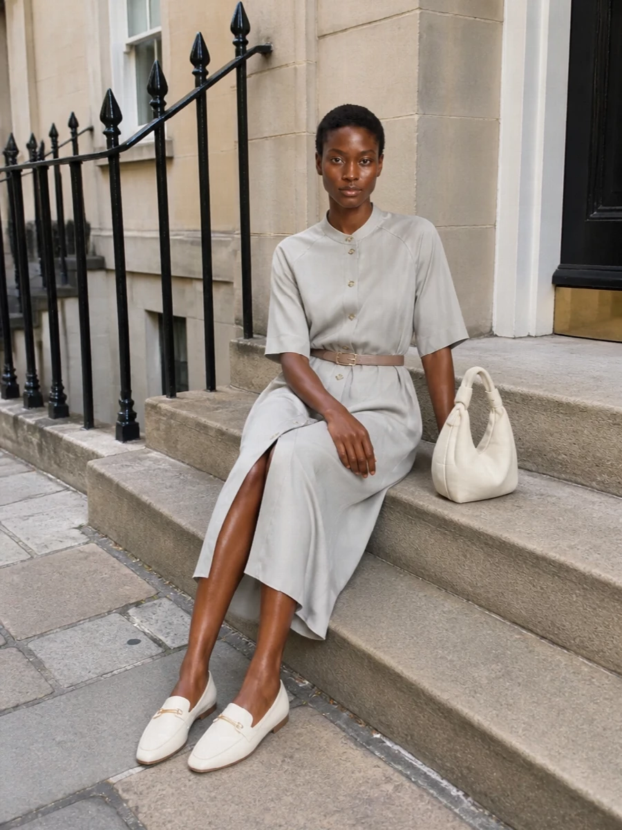 Loulou studio grey shirt dress tods ivory loafers