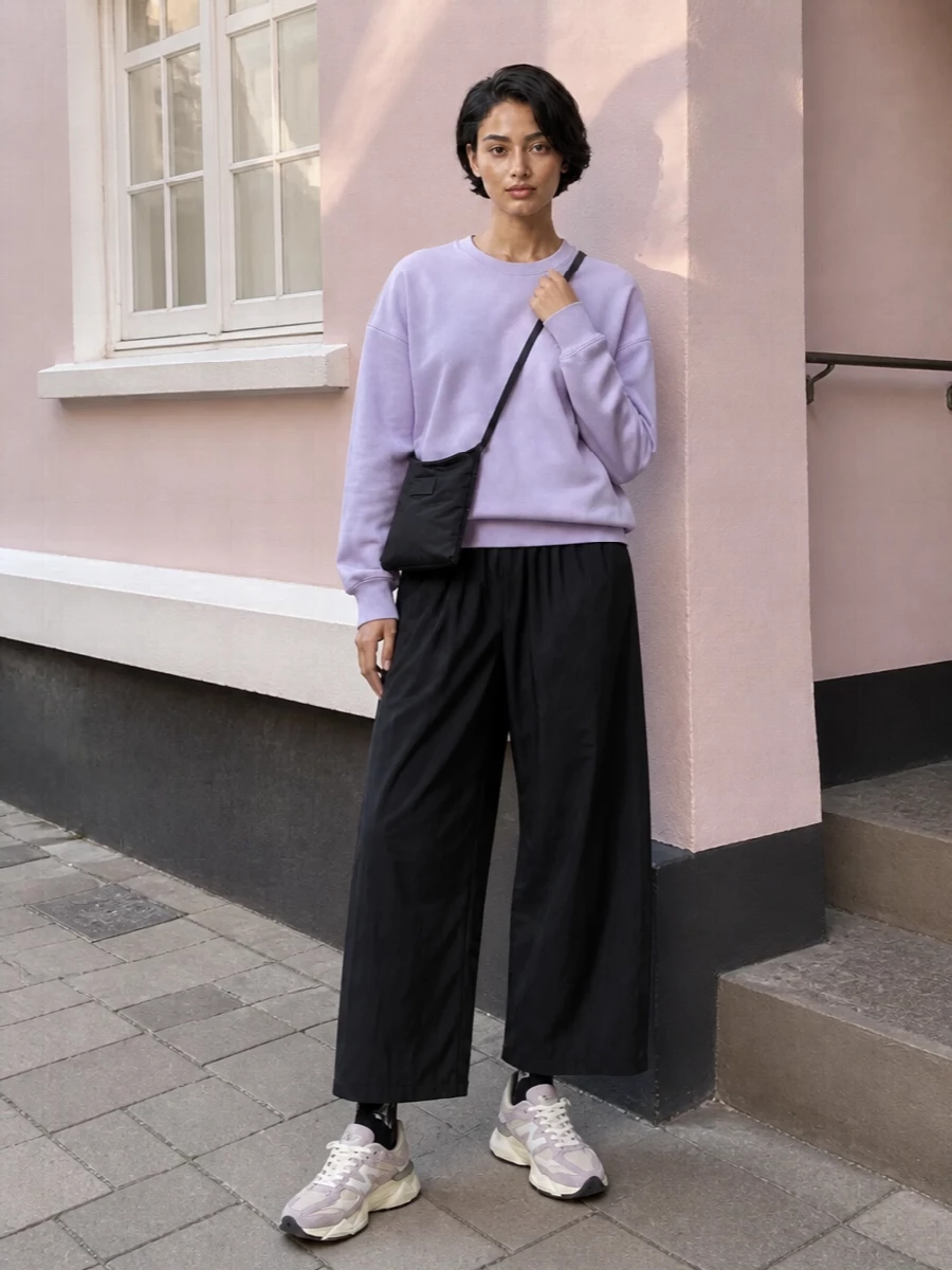 Y3 lilac sweatshirt black wide leg pants outfit
