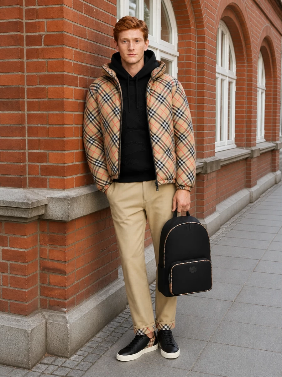 Burberry check puffer chinos black sneakers
