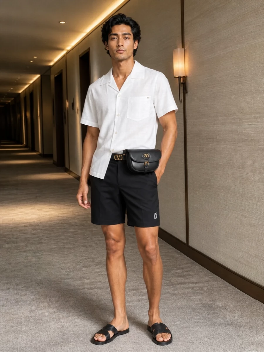 Valentino black swim shorts white camp shirt