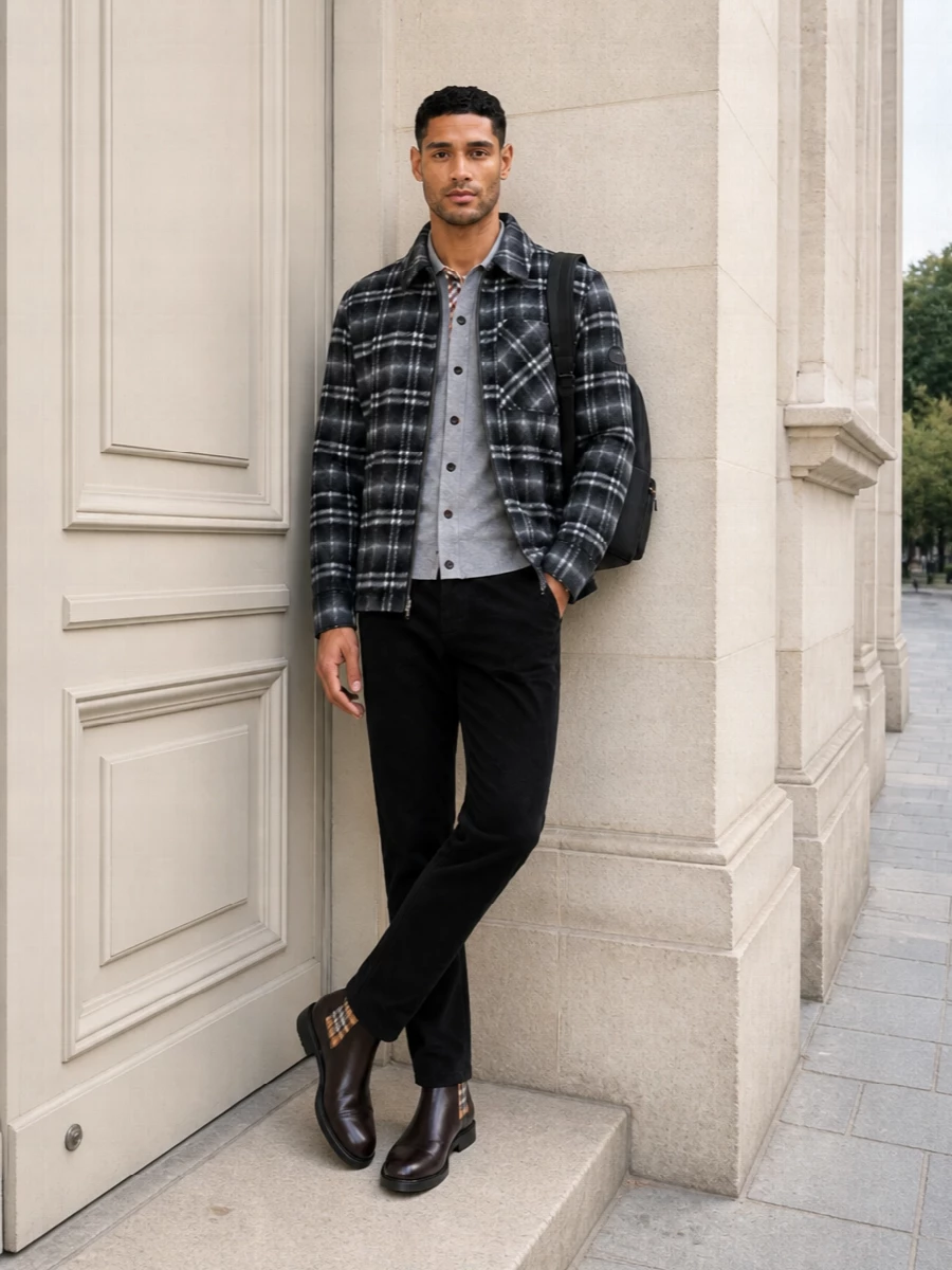 Burberry checked overshirt chelsea boots outfit