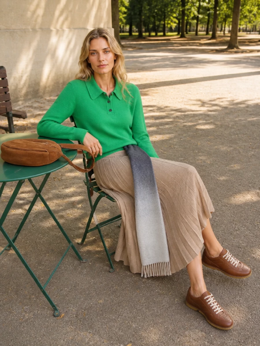 Lisa yang green polo camel pleated midi skirt