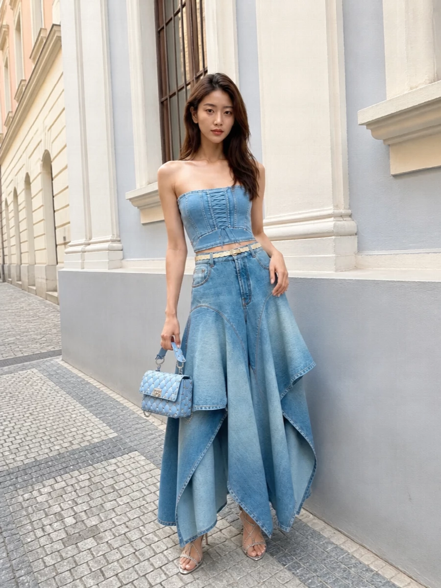 Elisabetta franchi denim corset alaia flared maxi