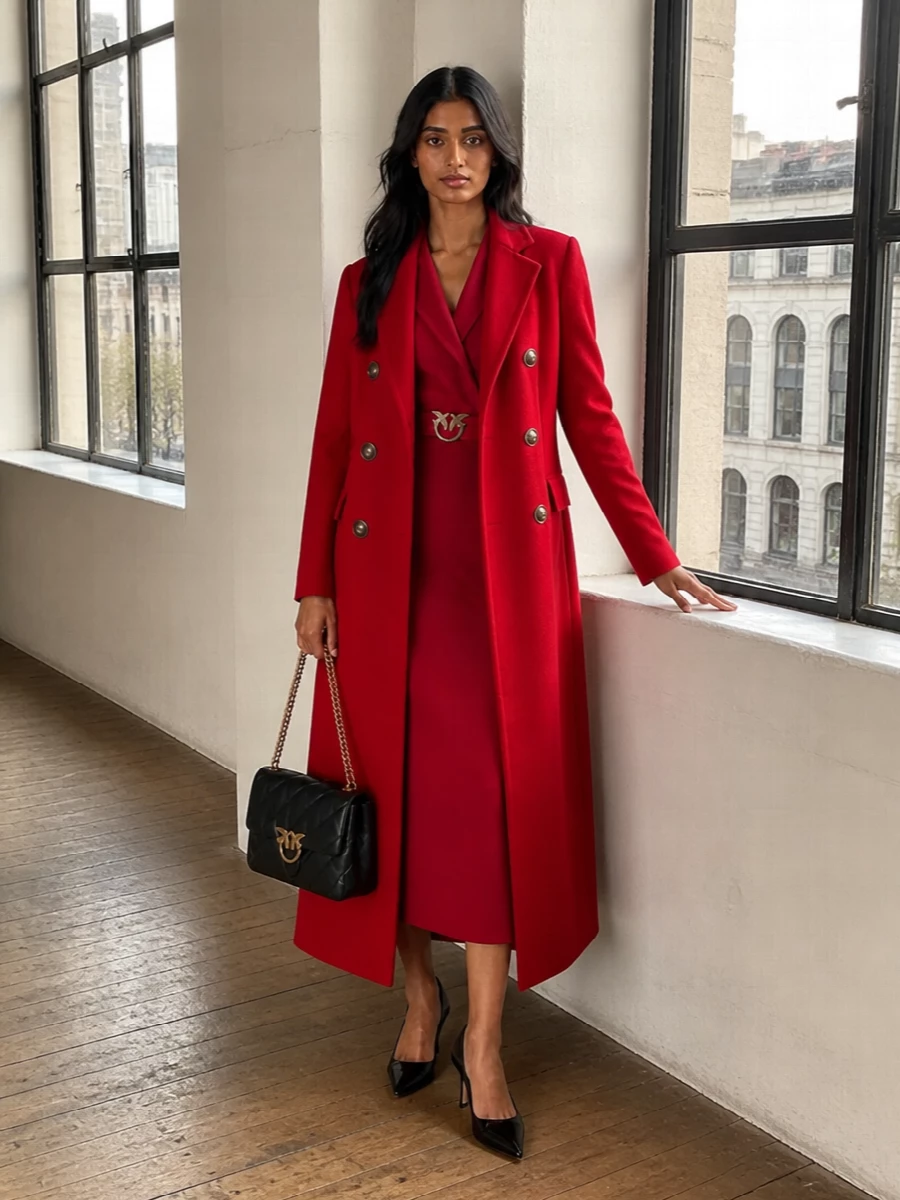 I am building this around the dress path, because the red tuxedo-style midi and the long red coat together create a striking monochrome column that feels more intentional than splitting the impact with separate tailoring. The black patent pumps and quilted shoulder bag ground all that red in a classic evening palette, while the shared gold hardware keeps every detail cohesive. It is a sharp, confident city ensemble that reads boardroom-powerful by day and cocktail-precise after dark.