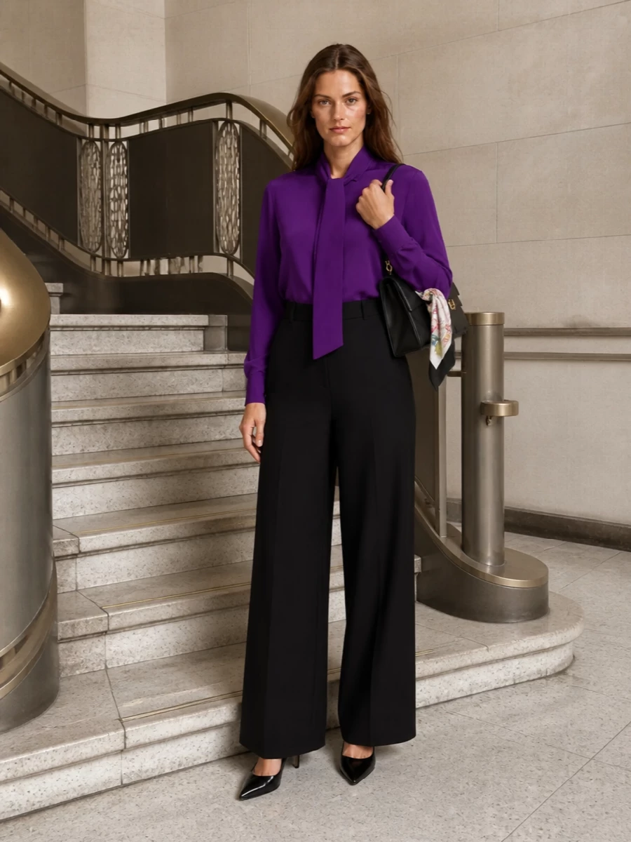 Balenciaga purple blouse black wide leg trousers