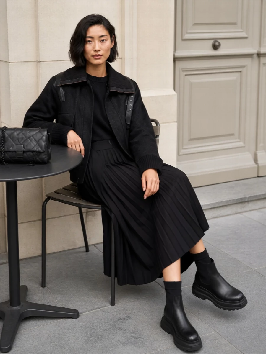 Sacai bomber pleated midi platform boots
