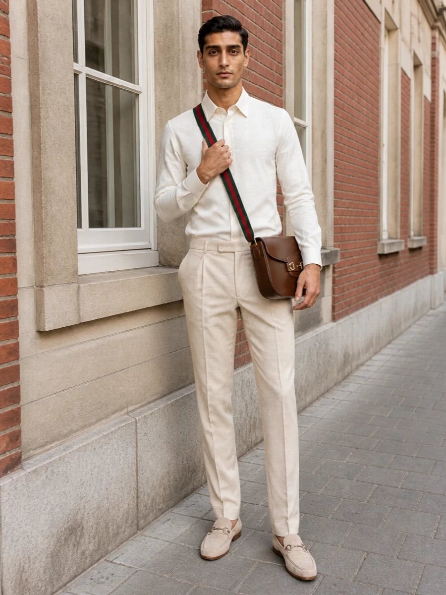 Gucci ivory shirt beige trouser outfit loafers