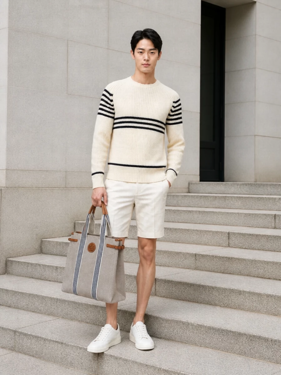 Loewe striped sweater ivory shorts prada sneakers