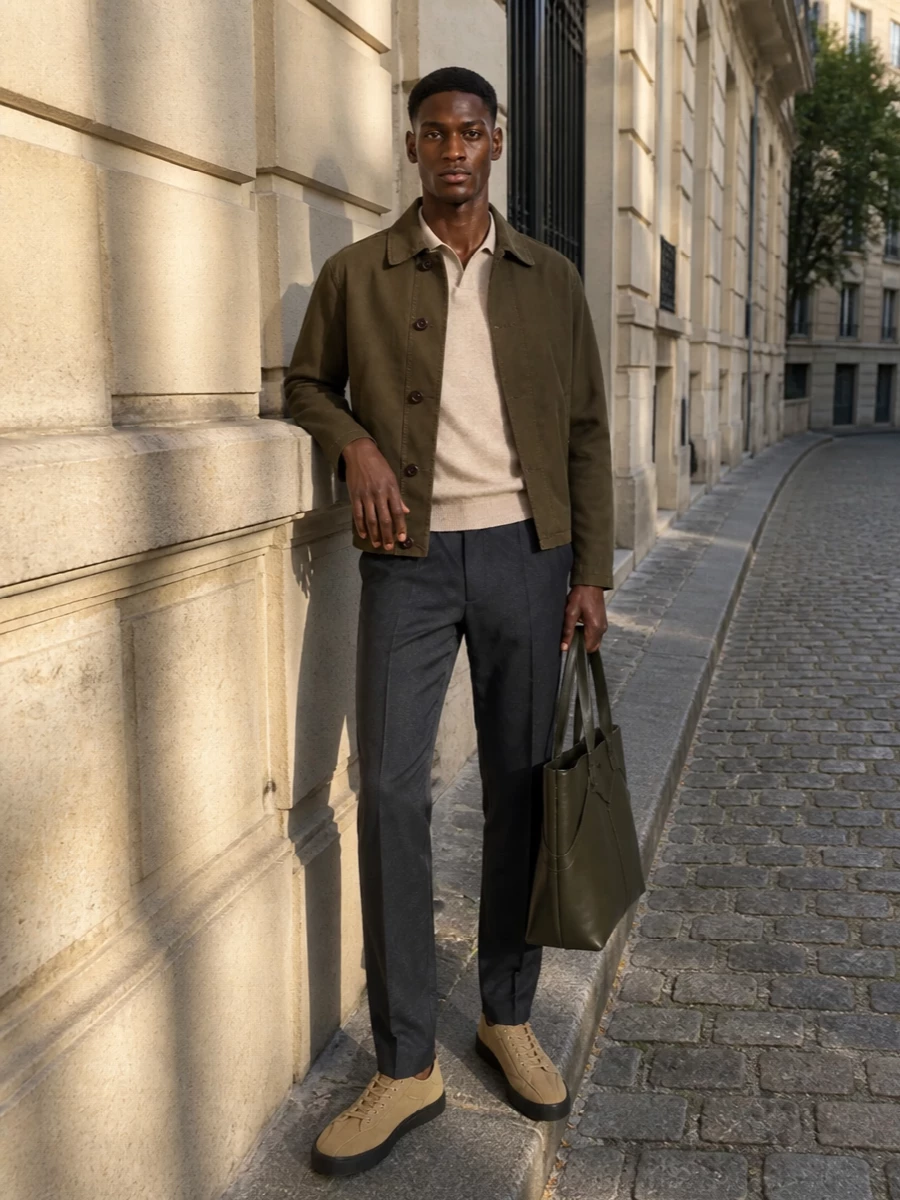 The row olive jacket charcoal trousers outfit