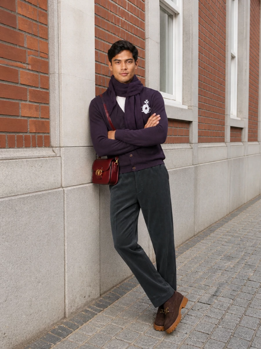 Vivienne westwood plum cardigan charcoal trousers outfit