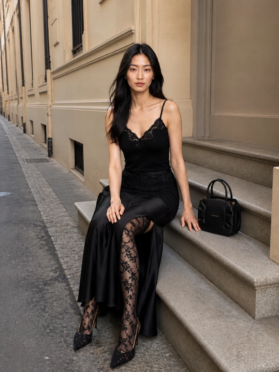 Ermanno firenze black lace camisole satin maxi
