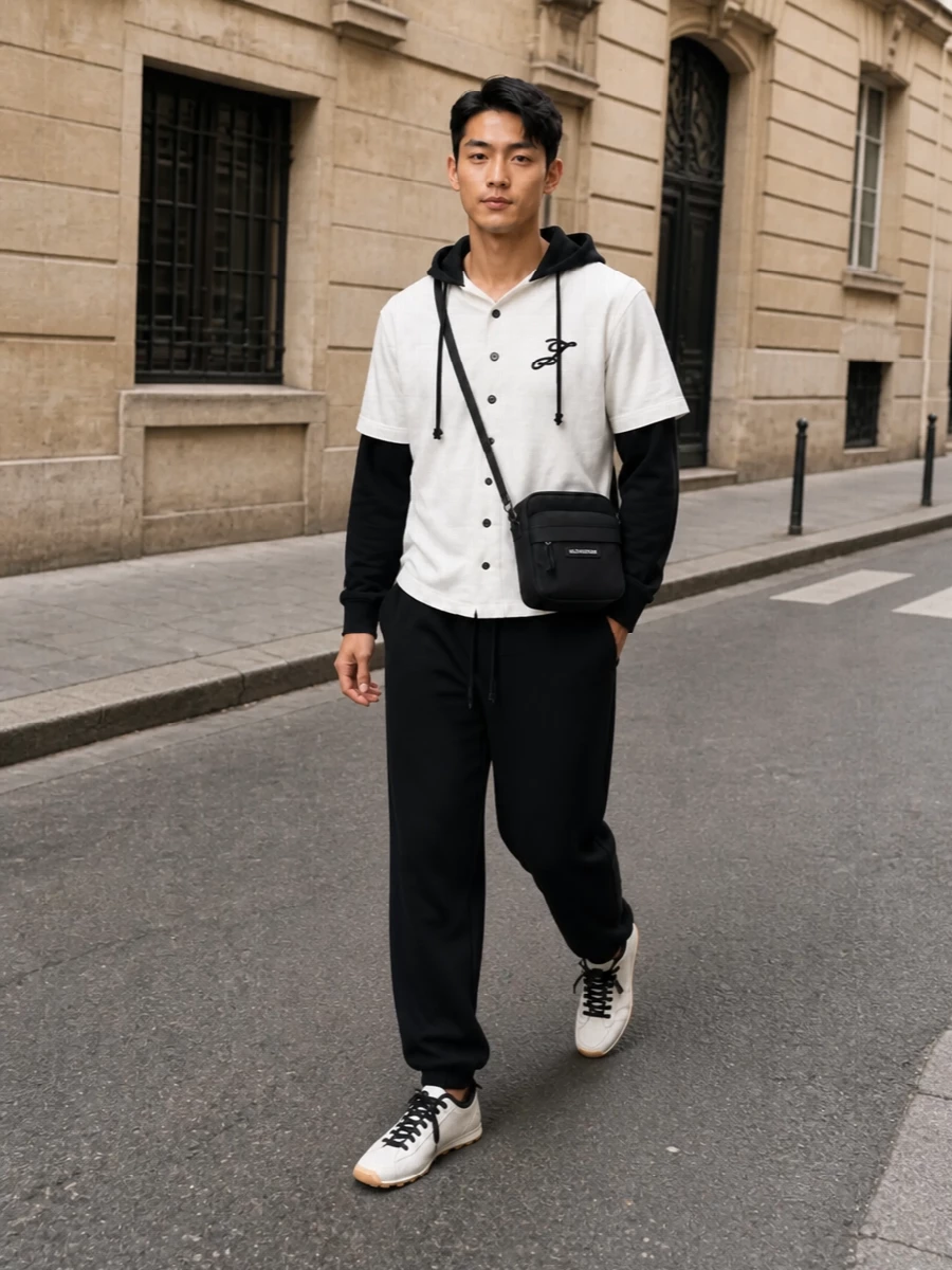 Jacquemus baseball shirt black track pants outfit