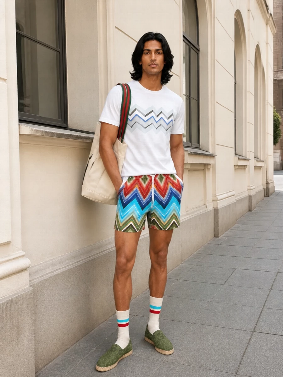 A bright Missoni swim short meets a clean chevron-banded tee, letting the pattern on the bottom stay in charge while the top keeps things crisp. Olive espadrilles and a cream Gucci tote ground the color with a relaxed, Riviera-adjacent feel. It is a confident pool-to-promenade combination that reads vibrant, coordinated and still easy to wear all day.