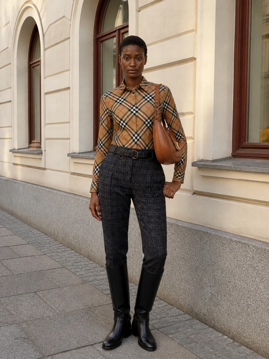 This look leans into Burberry’s heritage codes without feeling costume-y: the diagonal-check shirt is anchored by charcoal checked tailored trousers that quieten the print while keeping everything graphic and polished. Black riding boots and a slim quilted belt sharpen the silhouette, while the tan Celine hobo brings a smooth, luxe counterpoint to all the pattern and ties the camel tones together for a quietly confident FW city uniform.