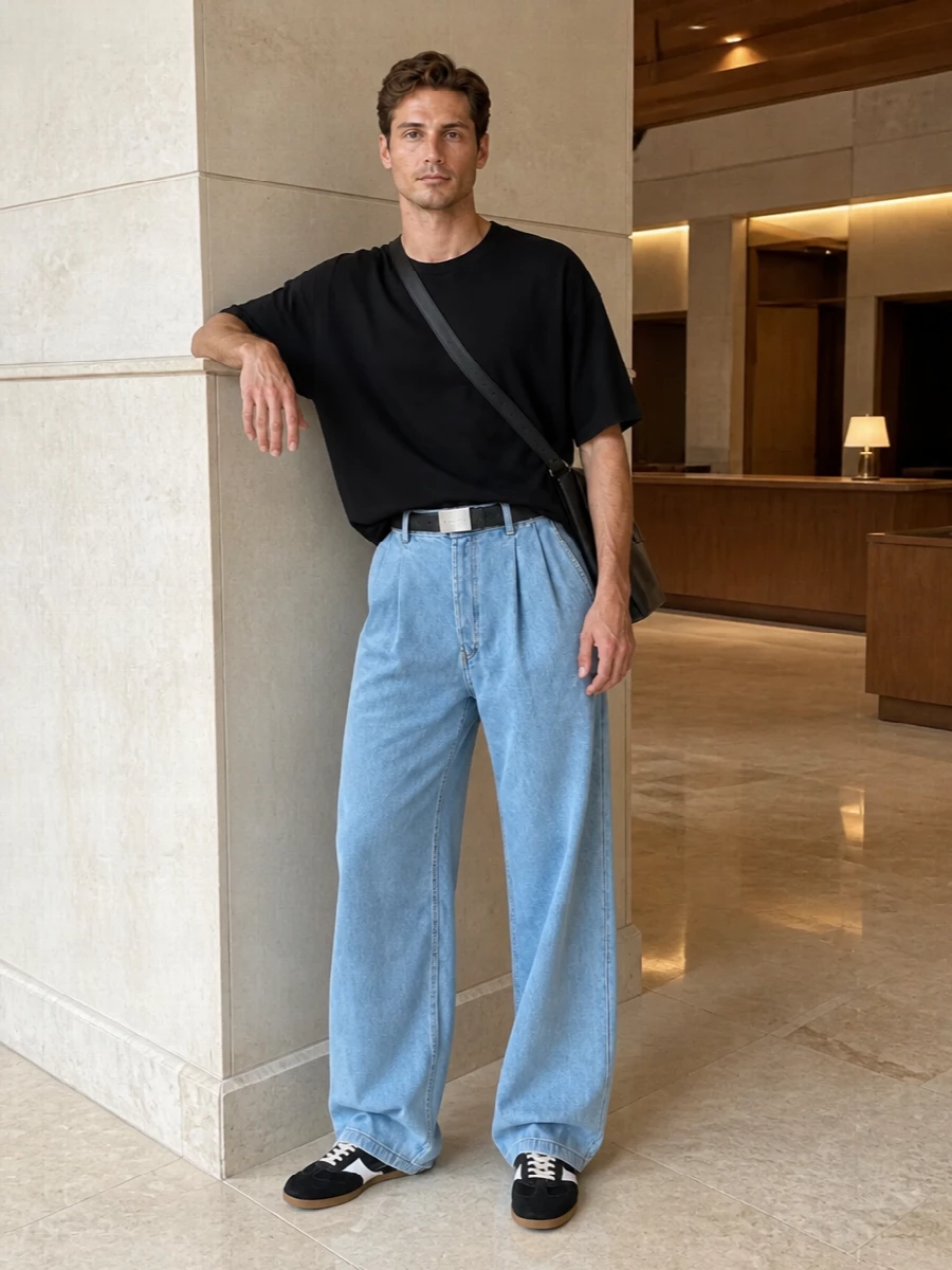 A boxy black tee and high-rise, light-wash wide denim create an easy, graphic column that feels relaxed but deliberate. Black retro runners and a clean leather crossbody sharpen the edges without breaking the softness. The Margiela belt is a quiet signal at the waist, keeping the volume controlled and the mood distinctly designer.
