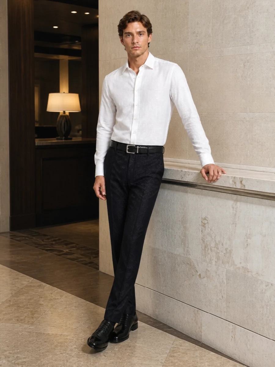 Etro navy brocade trousers white shirt evening
